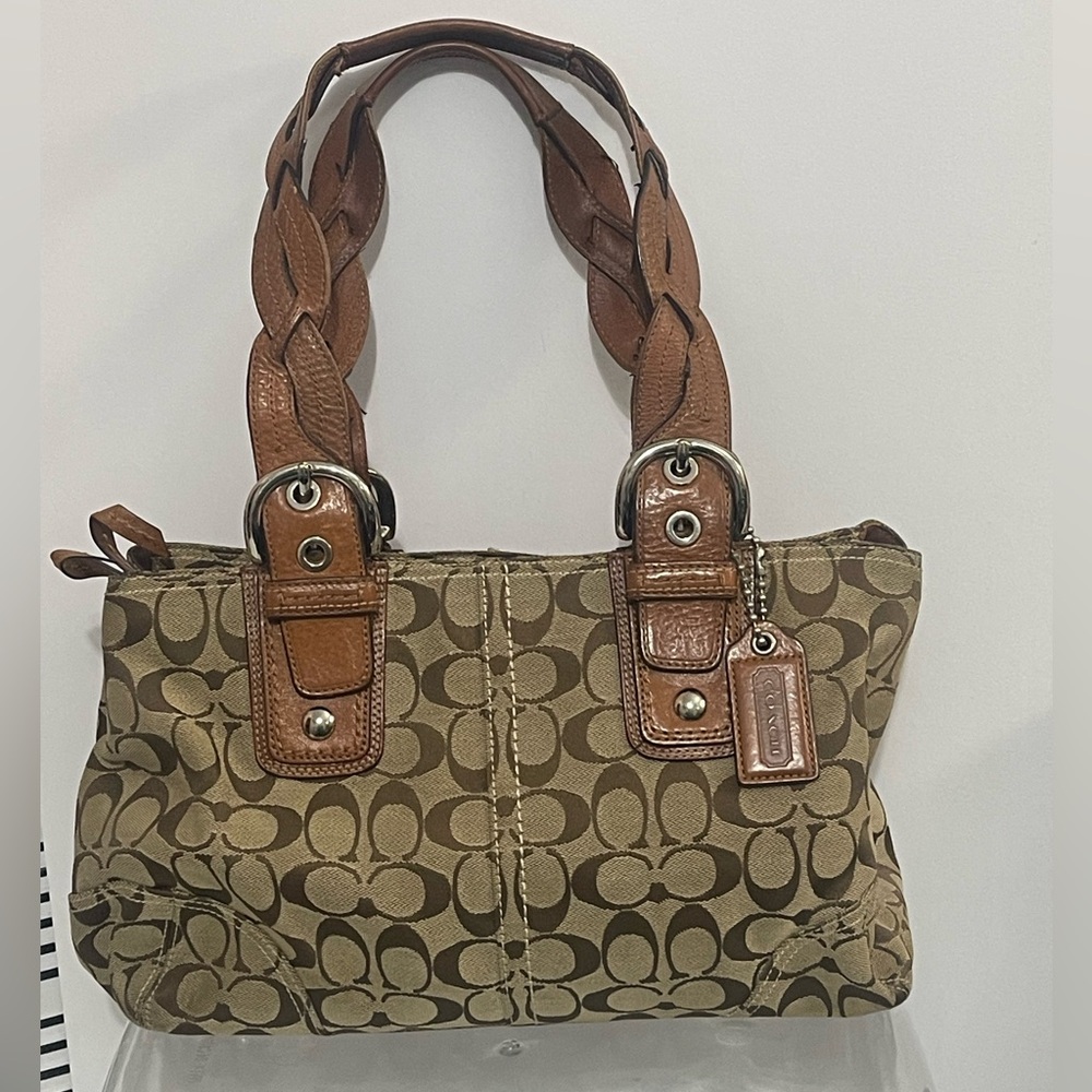 Coach Tan and Brown Signature Shoulder Bag